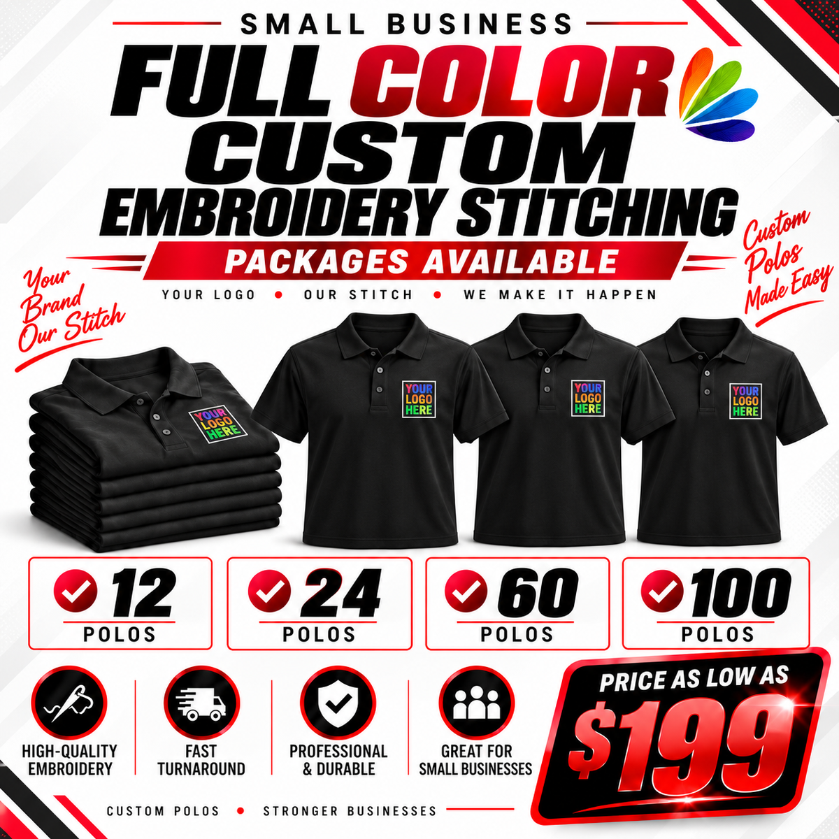 12 Full Color Custom Embroidered Polo Shirts