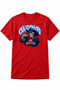 A red short-sleeve crewneck t-shirt featuring a large graphic print of a cowboy skull wearing a blue hat and uniform with 'Clutch Hit' and 'Houston' text.