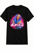 A black short-sleeve crewneck t-shirt featuring a colorful graphic print of a woman with vibrant blue and pink hair, sunglasses, and the text 'Karol G' in stylized pink lettering.