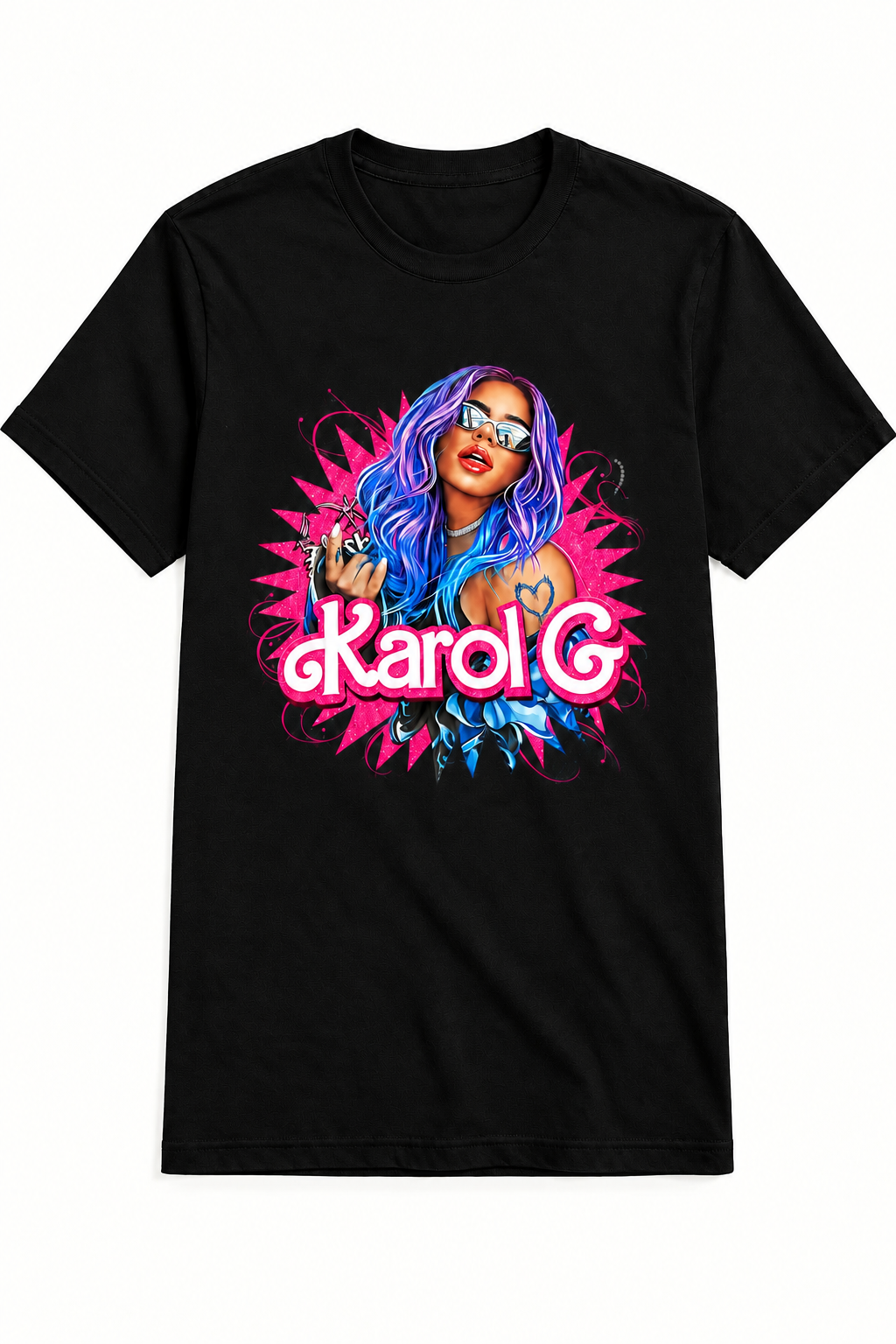 A black short-sleeve crewneck t-shirt featuring a colorful graphic print of a woman with vibrant blue and pink hair, sunglasses, and the text 'Karol G' in stylized pink lettering.