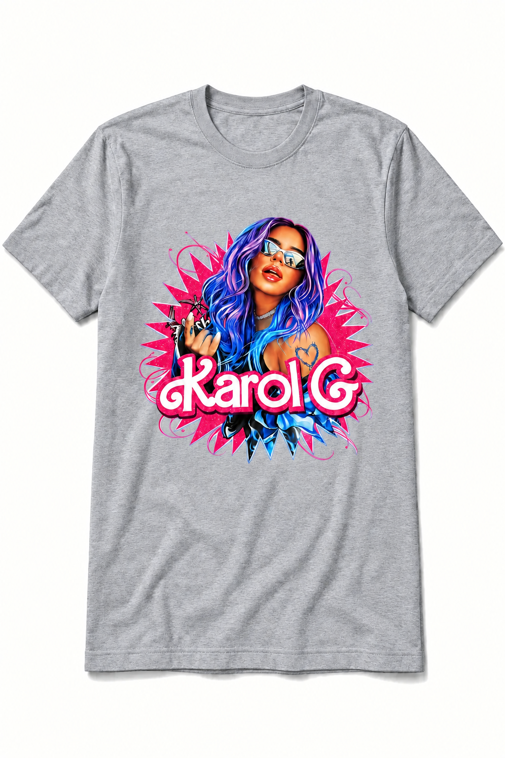 A heather gray short-sleeve t-shirt featuring a colorful graphic print of a woman with blue hair and sunglasses, with the text 'Karol G' in pink and white across the front.