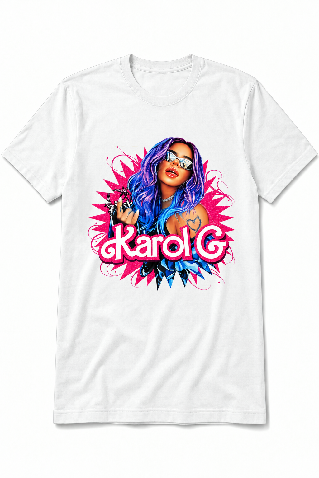 A white short-sleeve crewneck t-shirt featuring a colorful graphic print of a woman with vibrant blue and purple hair, sunglasses, and the text 'Karol G' in stylized pink and white lettering.