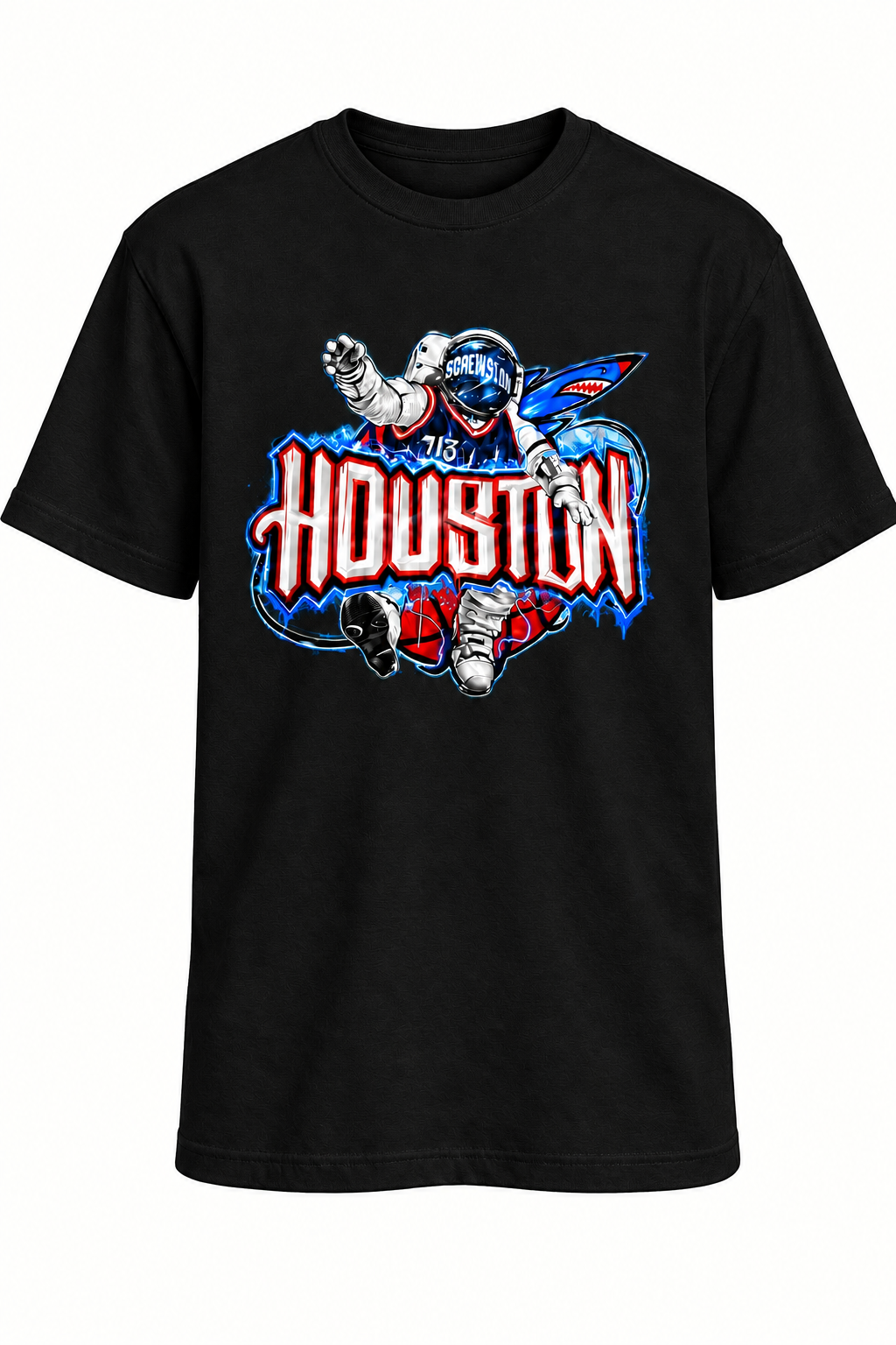 A black short-sleeve crewneck t-shirt featuring a large graphic print of a motocross rider in front of the text 'HOUSTON' 