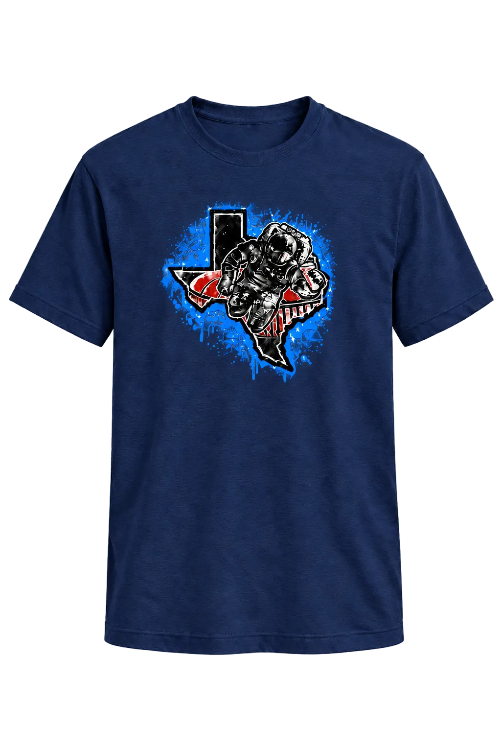 A navy blue short-sleeve crewneck t-shirt featuring a graphic print of a bulldog mascot inside the outline of the state of Texas, with a blue paint splatter background.
