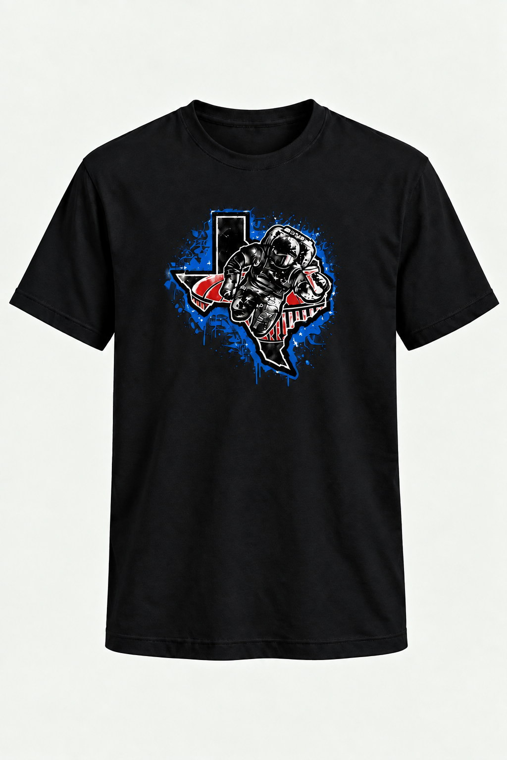 A black short-sleeve crewneck t-shirt featuring a graphic print of a skeleton soldier holding a rifle, superimposed over a blue and red distressed Texas state outline.
