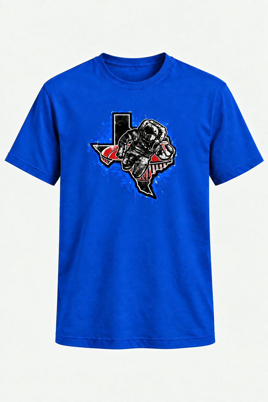 A royal blue short-sleeve crewneck t-shirt featuring a graphic print of a bulldog inside the outline of the state of Texas, with a black 'J' above it. The graphic has distressed, grunge-style details in black, white, and red.