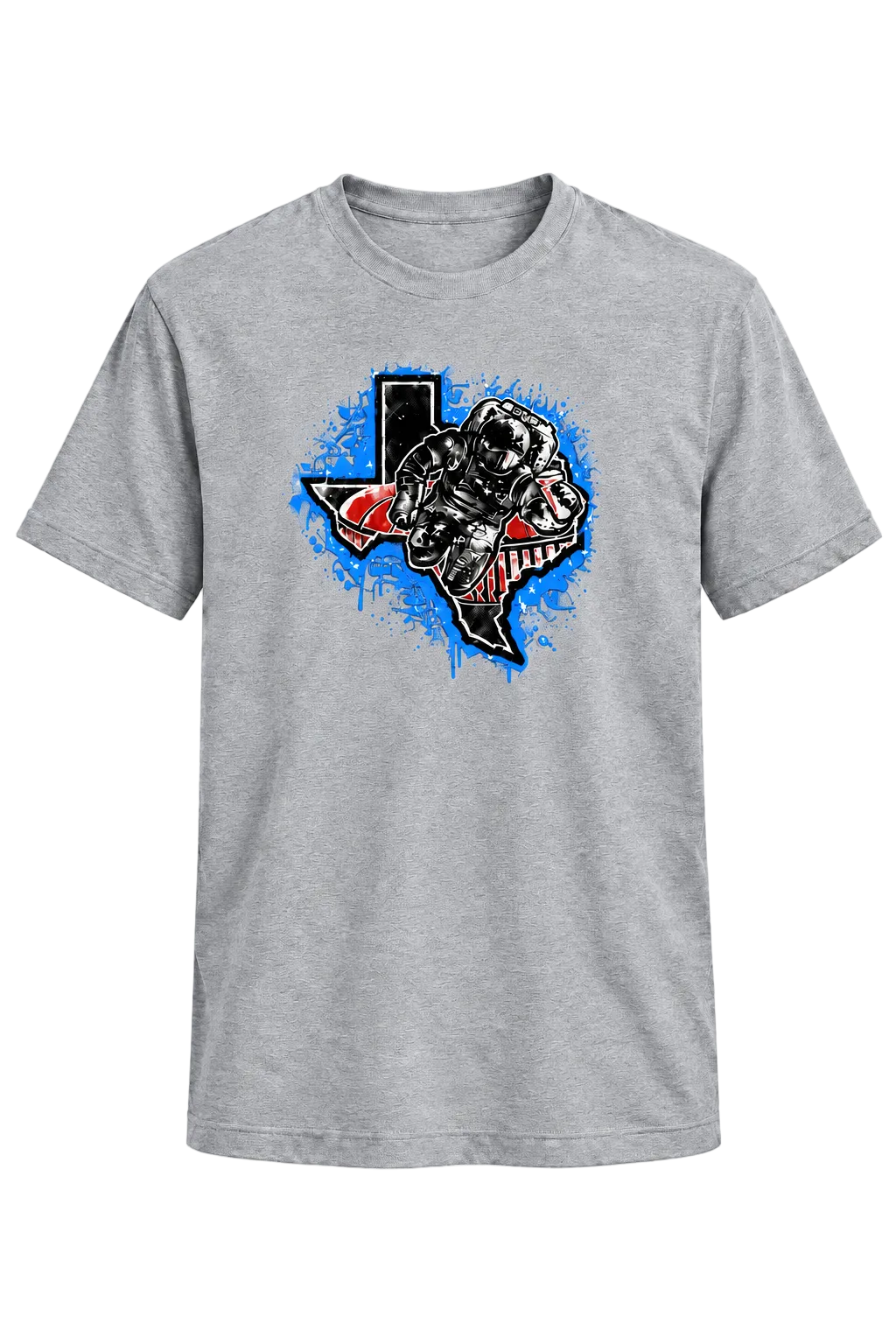 A heather gray short-sleeve crewneck t-shirt featuring a graphic print of a bulldog inside the outline of the state of Texas, with a blue paint splatter background.