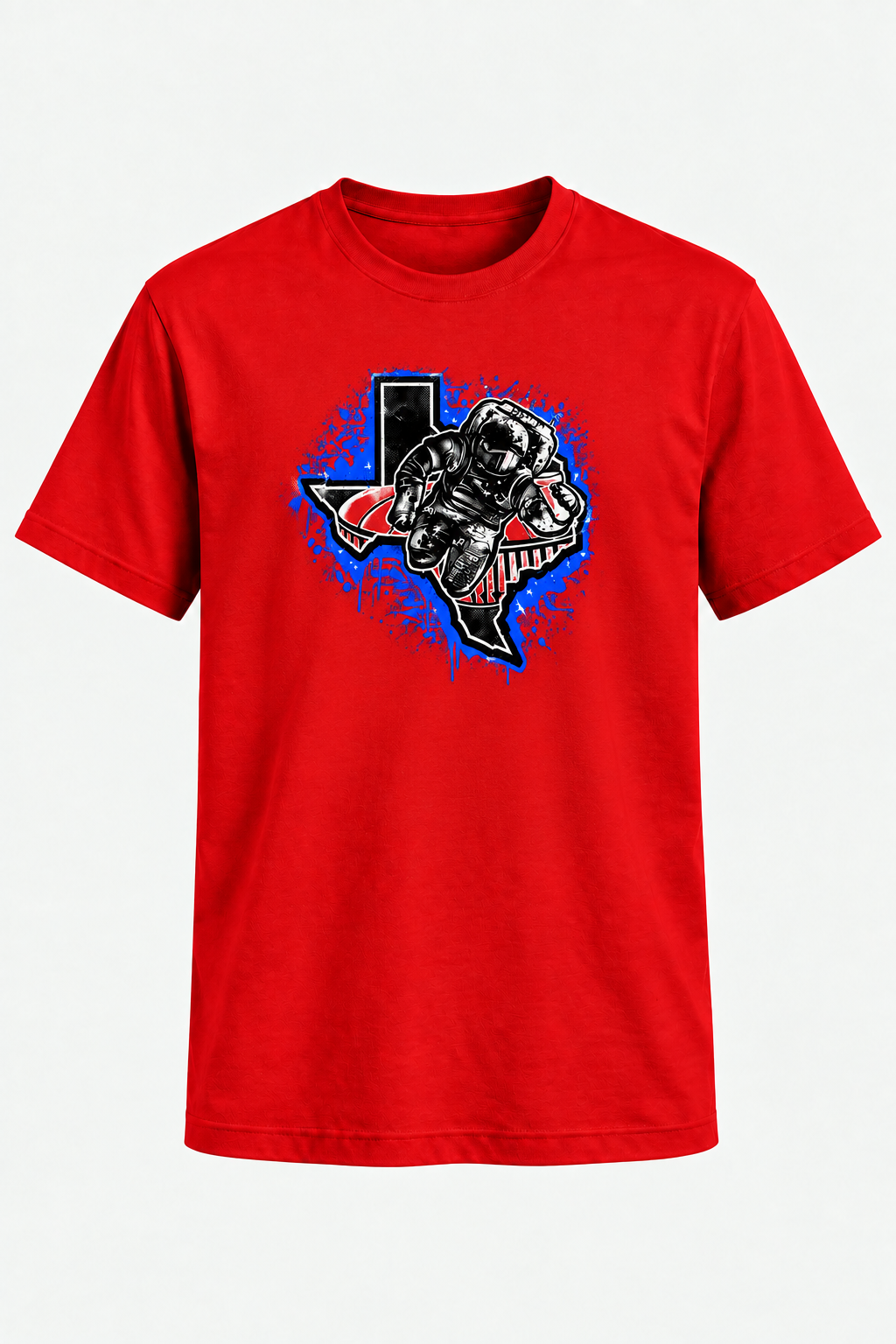 A red short-sleeve crewneck t-shirt featuring a graphic of a football helmet and mascot inside the outline of the state of Texas, with a blue paint-splatter background on a light gray studio backdrop.