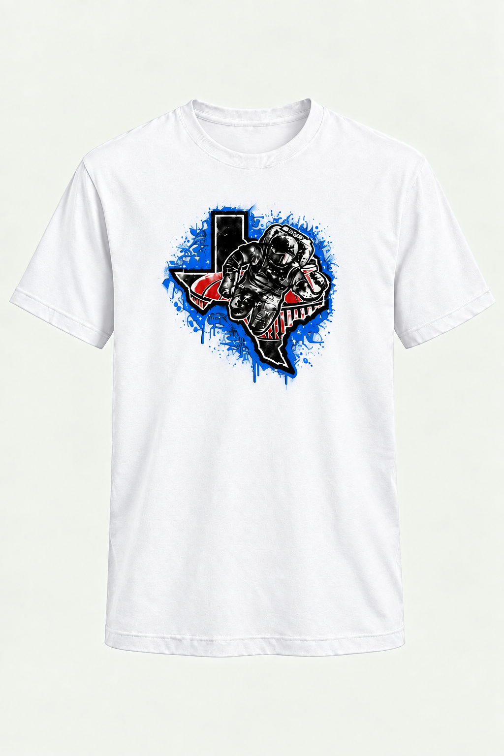 A white short-sleeve crewneck t-shirt featuring a graphic print of a black and white bulldog inside the outline of the state of Texas, with a blue paint splatter background and red accents.